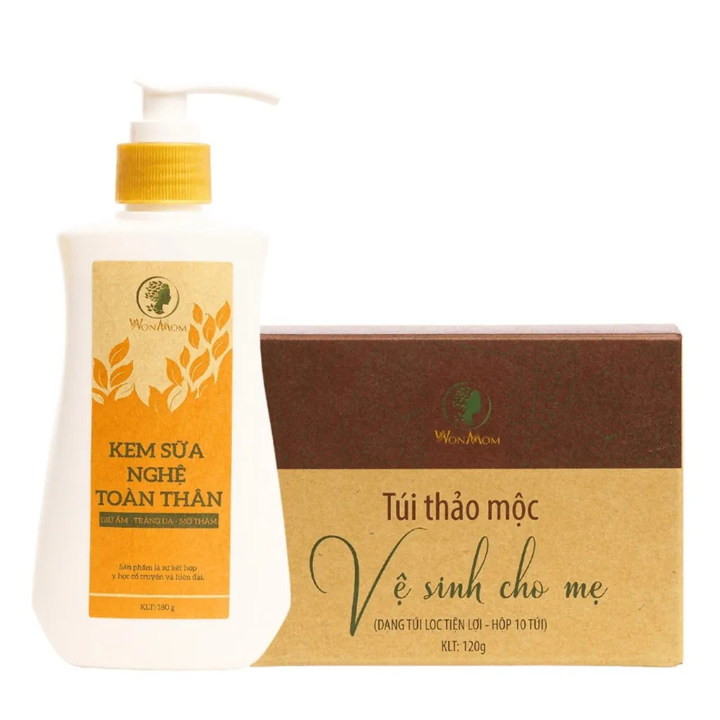 Bộ Dưỡng Trắng Hồng Body Tự Nhiên, Thảo Mộc Xông Khử Mùi Vùng Kín Wonmom (1 Kem Sữa Nghệ + 1 Hộp Thảo Mộc Xông Vùng Kín)