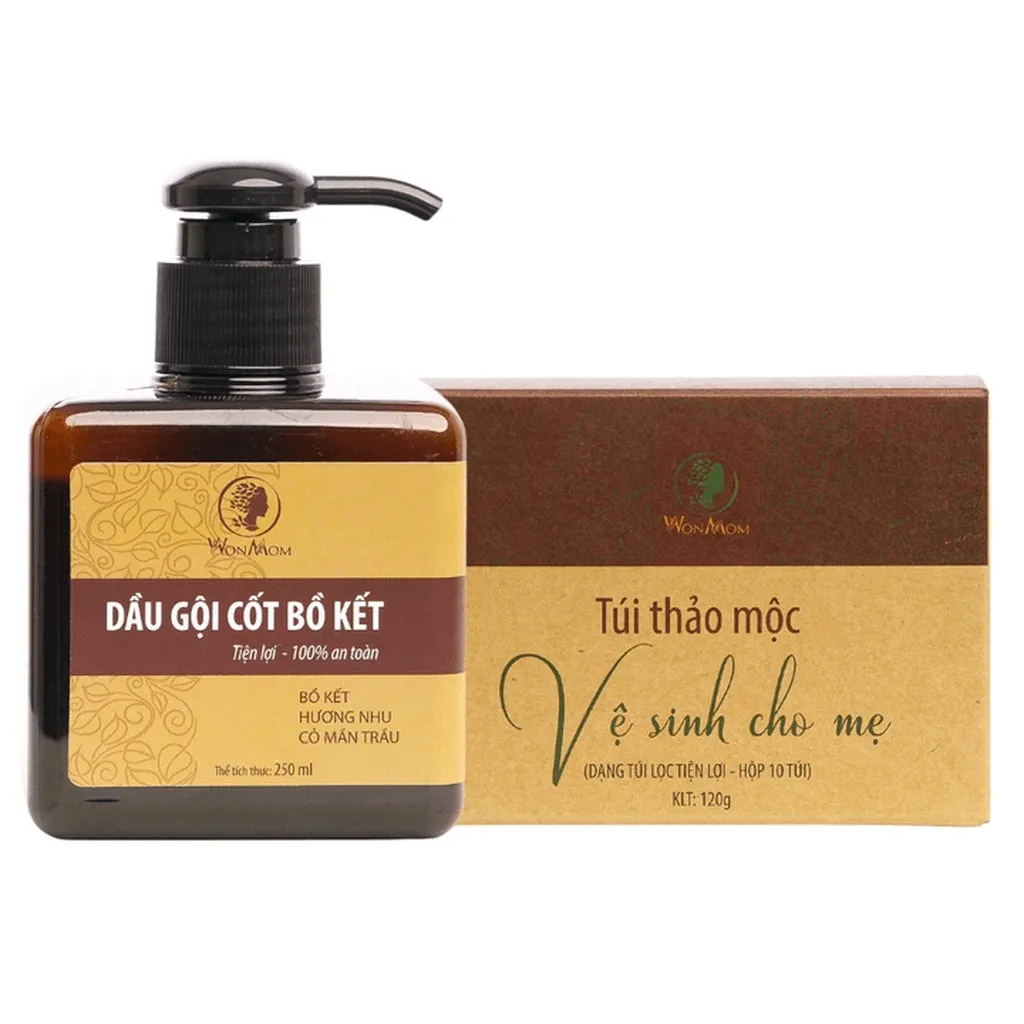 Bộ Giảm Rụng Tóc, Trị Gàu, Khử Mùi Vùng Kín Wonmom (1 Dầu Gội Bồ Kết + 1 Hộp Thảo Mộc Xông Vùng Kín)