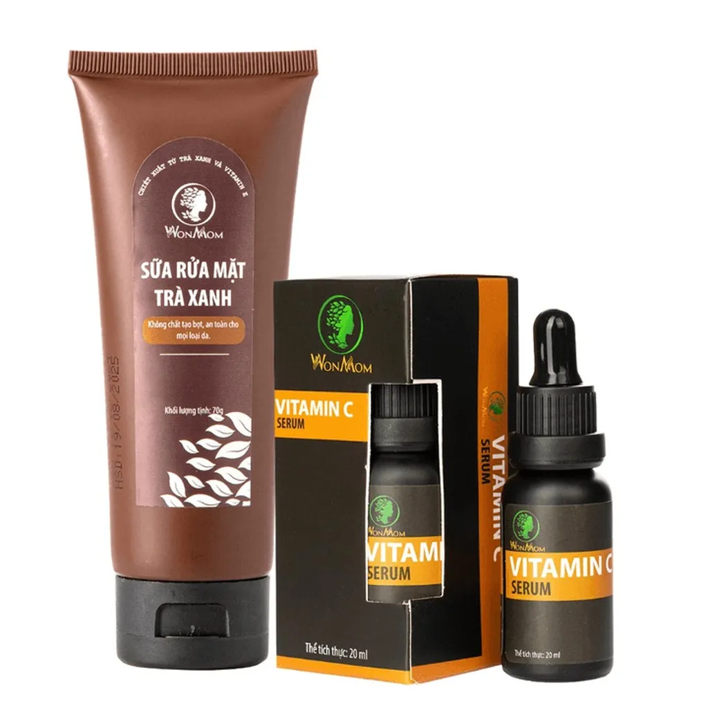Bộ Dưỡng Da Mặt Organic, Làm Sạch Da, Ngăn Ngừa Mụn, Trắng Sáng Da Mặt Wonmom (1 Sữa Rửa Mặt + 1 Serum Vitamin C)