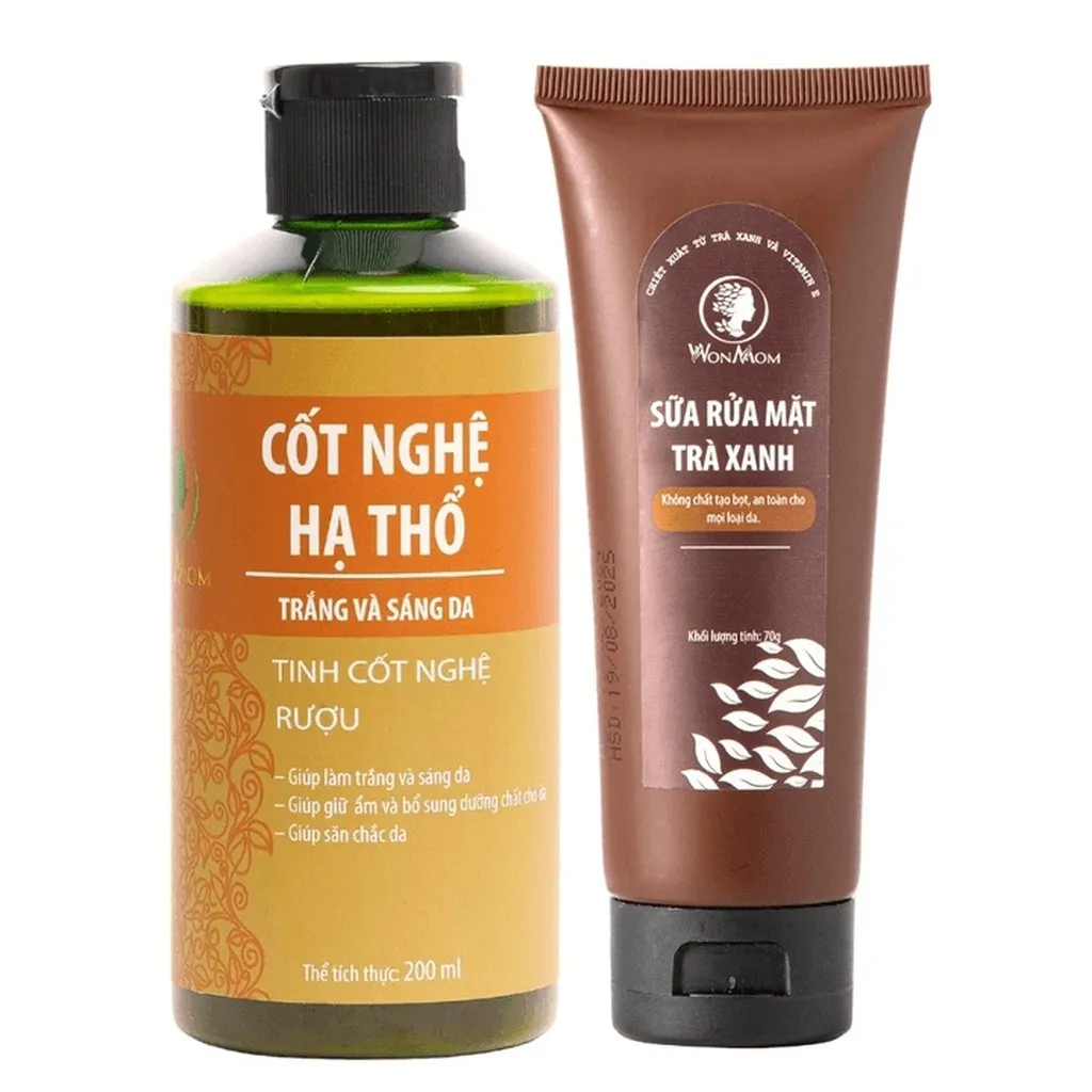 Bộ Dưỡng Trắng Mịn Da Hữu Cơ, Sáng Hồng Da Mặt, Mịn Màng Body Wonmom (1 Sữa Rửa Mặt + 1 Cốt Nghệ Hạ Thổ)