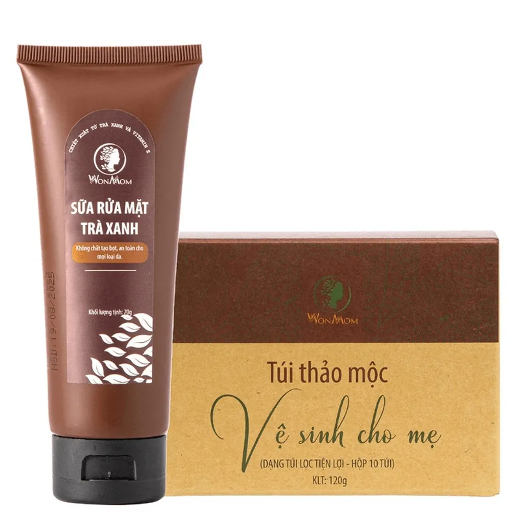 Bộ Sáng Da Mặt, Ngăn Ngừa Mụn, Se Khít, Làm Hồng Vùng Kín Wonmom (1 Sữa Rửa Mặt + 1 Hộp Thảo Mộc Xông Vùng Kín)