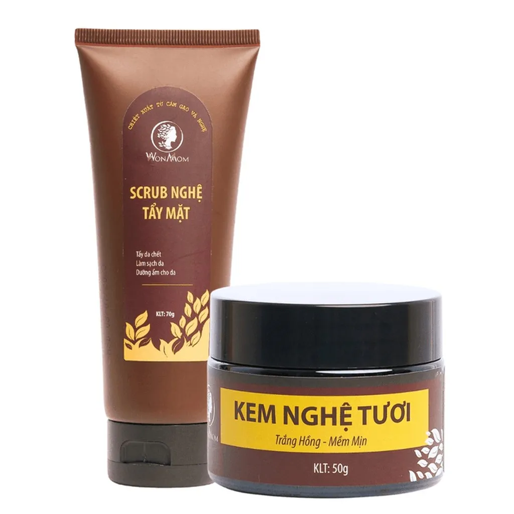 Bộ Scrub Nghệ Tẩy Tế Bào Chết Và Dưỡng Trắng Da Mặt, Ngăn Ngừa Mụn Wonmom (1 Kem Nghệ Tươi + 1 Scurb Nghệ Tẩy Mặt)