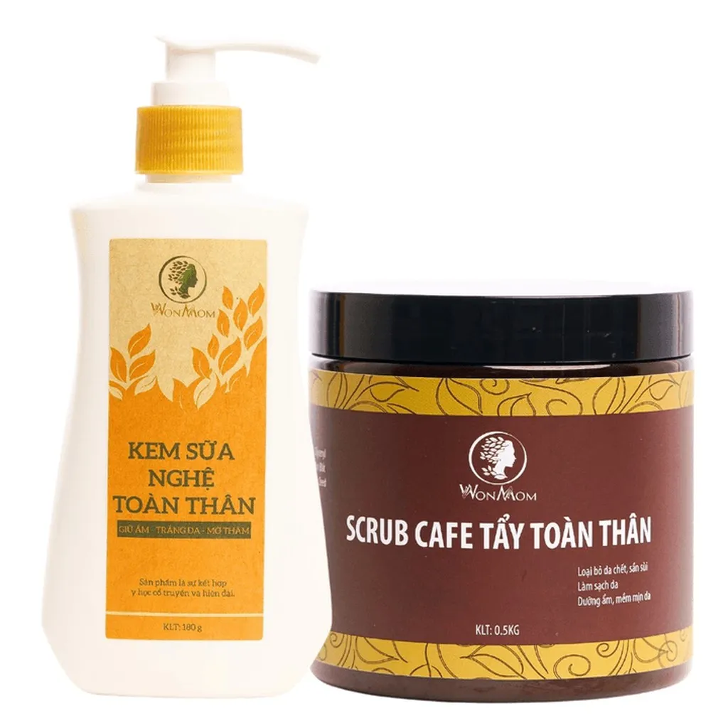 Bộ Dưỡng Trắng Hồng Da Toàn Thân Wonmon (kem Sữa Nghệ + Scrub Cafe Tẩy Tế Bào Chết)