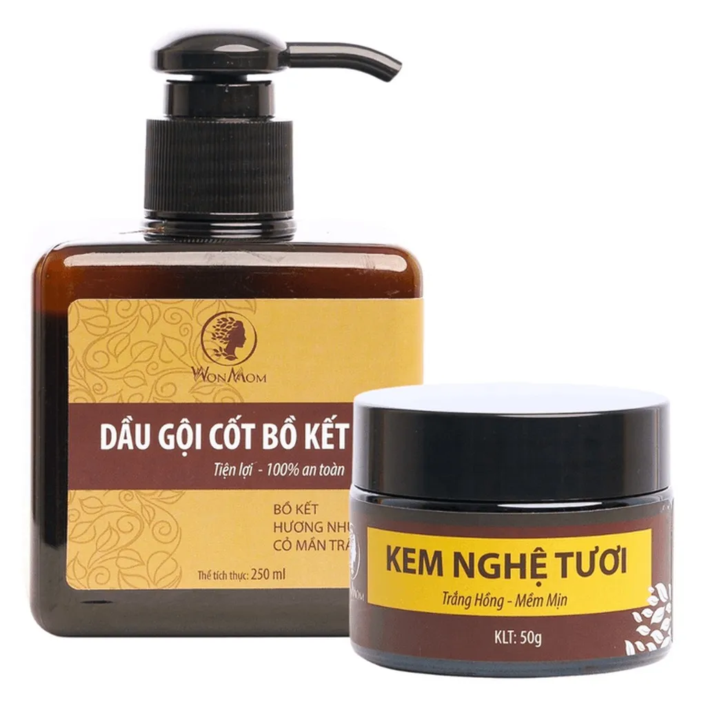 Bộ Dưỡng Trắng Hồng Da Mặt Tự Nhiên, Giảm Rụng Tóc, Tóc Dài, Suôn Mượt Wonmom (1 Kem Nghệ Tươi + 1 Dầu Gội Bồ Kết)