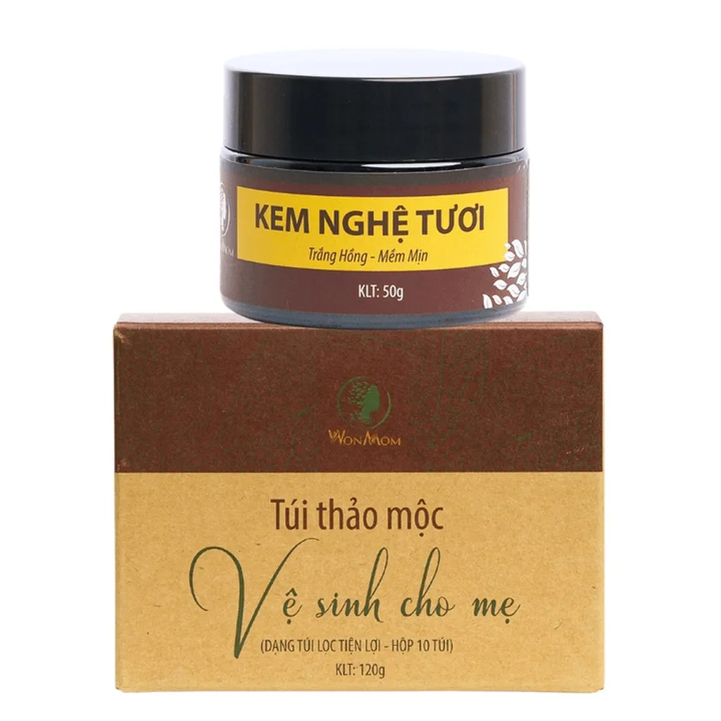 Bộ Dưỡng Trắng Hồng Da Mặt, Ngăn Ngừa Mụn, Khử Mùi, Se Khít Vùng Kín Wonmom (1 Kem Nghệ Tươi+1 Hộp Thảo Mộc Xông Vùng Kín)