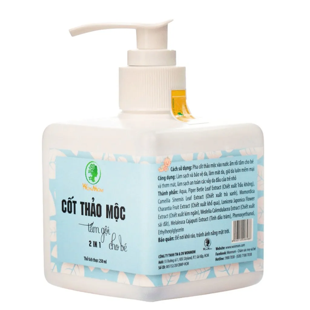 Cốt Thảo Mộc Tắm Và Gội Cho Bé, Chống Rôm Sảy, Dưỡng Da Và Tóc Mềm Mại, Thơm Tho Wonmom 250ml