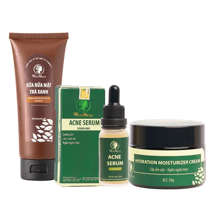 Bộ Đánh Bay Mụn Cứng Đầu Chuyên Sâu Wonmom (1 Sữa Rửa Mặt + 1 Serum Mụn + 1 Kem Cấp Ẩm)