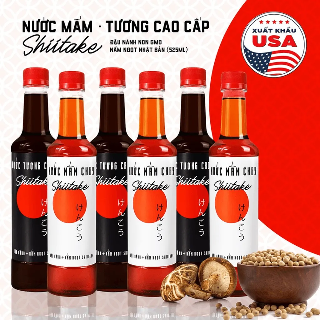 [3 Tương - 3 Mắm Chay 525ml] Combo 3 Nước Tương Shiitake Và 3 Nước Mắm Chay Shiitake Chai Nhựa 525ml- Làng Chài Xưa