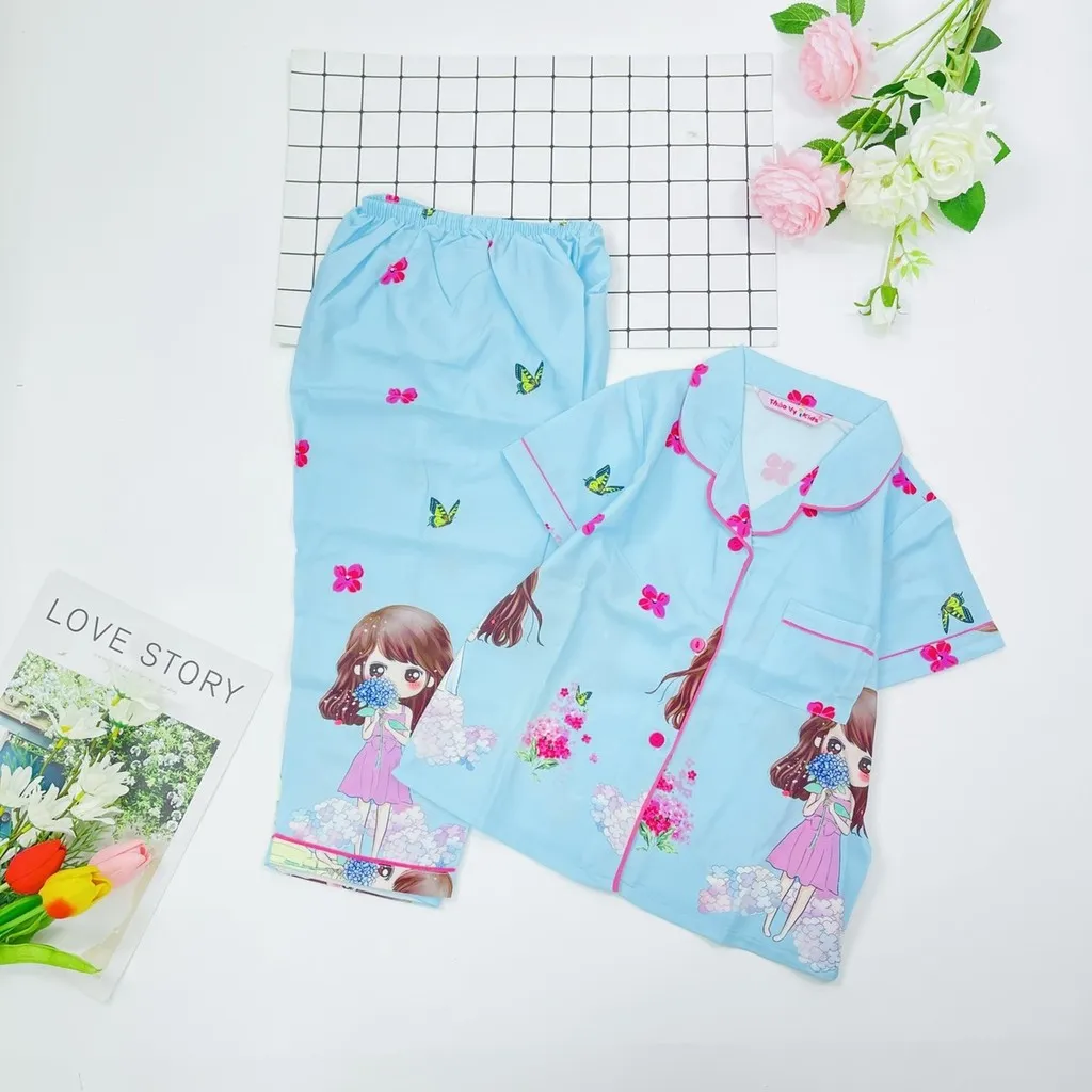 Đồ Bộ Trẻ Em Pijama Lụa Satin Thiết Kế Tay Ngắn Quần Dài Size 7 (16-17kg) - Thaovy Kids