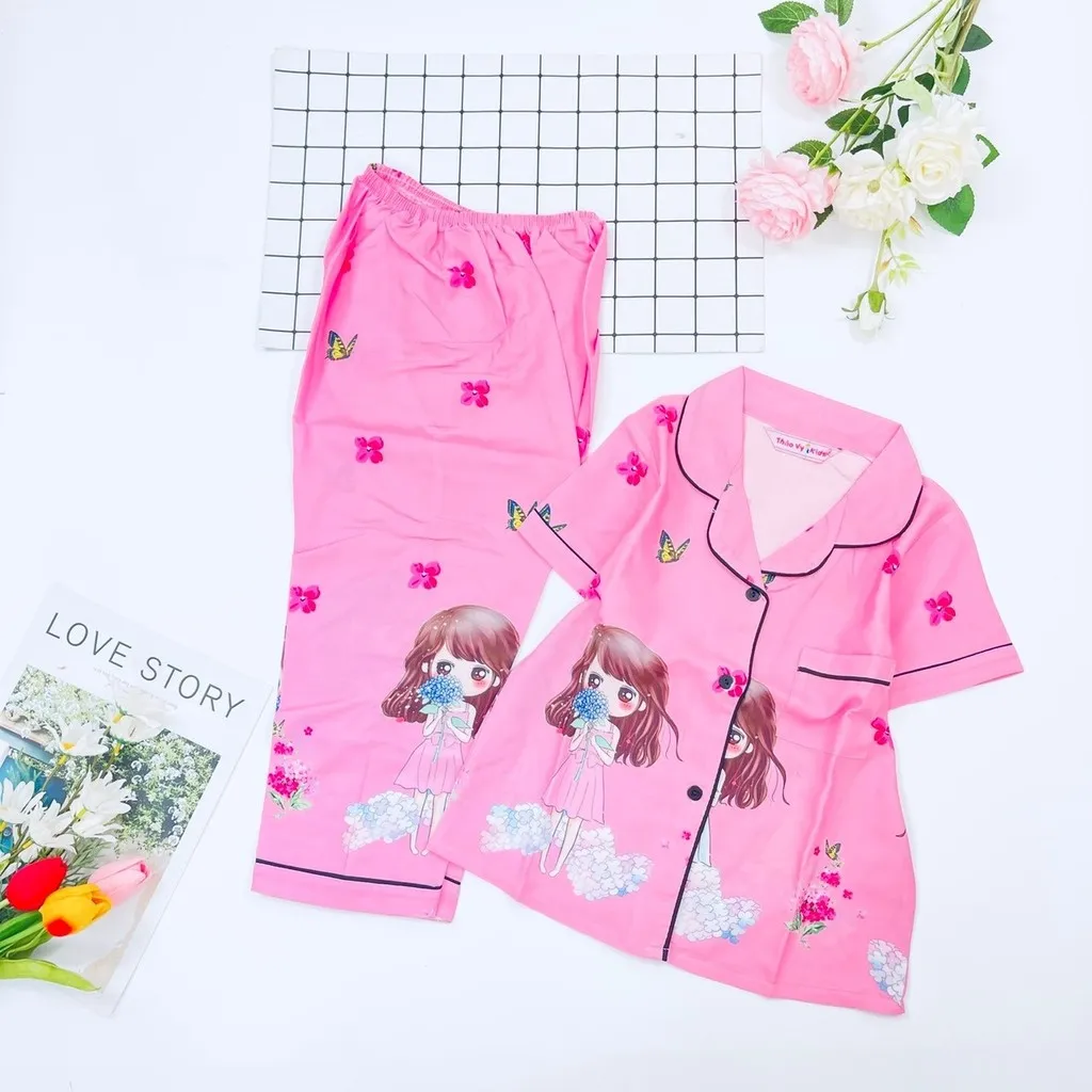 Alternative view of Đồ Bộ Trẻ Em Pijama Lụa Satin Thiết Kế Tay Ngắn Quần Dài Size 7 (16-17kg) - Thaovy Kids