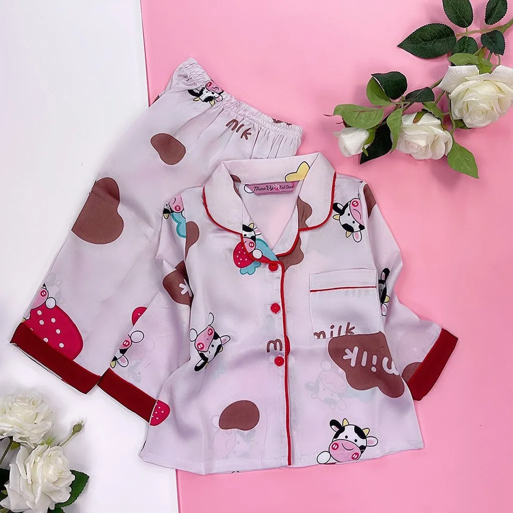 Đồ Bộ Trẻ Em Pijama Lụa Satin Thiết Kế Tay Dài Quần Dài Size 8 (18-20kg) - Thaovy Kids