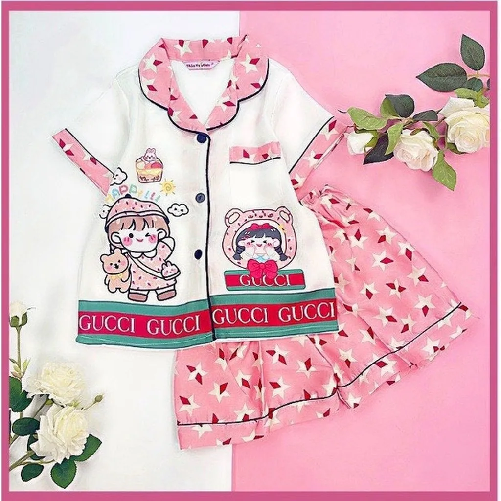 Đồ Bộ Trẻ Em Pijama Lụa Satin Thiết Kế Quần Đùi Size 9 (21-23kg) - Thaovy Kids