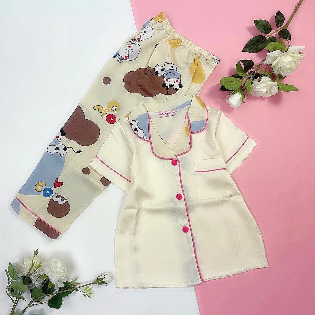 Đồ Bộ Trẻ Em Pijama Lụa Satin Thiết Kế Quần Dài Tay Ngắn Size 9 - 10 (20-24kg) - Thaovy Kids