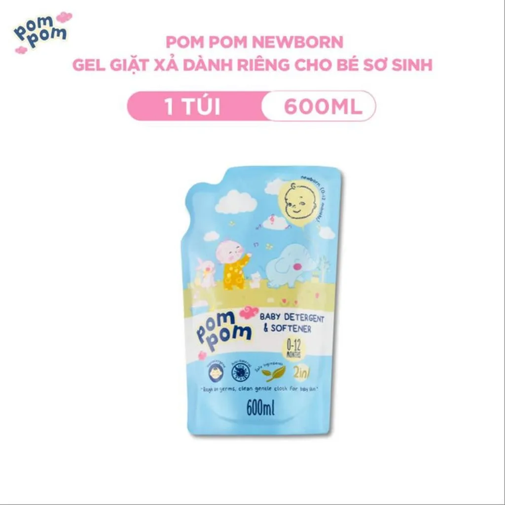 Túi 600ml- Dành Cho Bé Sơ Sinh - Gel Giặt Xả 2in1- Sạch Sâu Kháng Khuẩn - Khử Mùi Nôn Trớ, Ọc Sữa, Tè Khai-lưu Hương Phấn Thơm Dịu Nhẹ