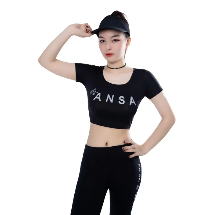 Bộ Tập Thể Thao Nữ Quần Dài Áo Croptop Có Tay Dd302 Màu Đen - Ansa Sport