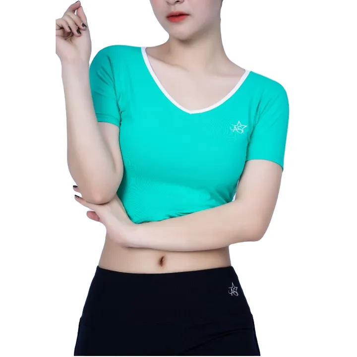 Alternative view of Bộ Thể Thao Nữ Quần Short Chữ V Áo Croptop Có Tay Dn101 Màu Xanh Ngọc - Ansa Sport