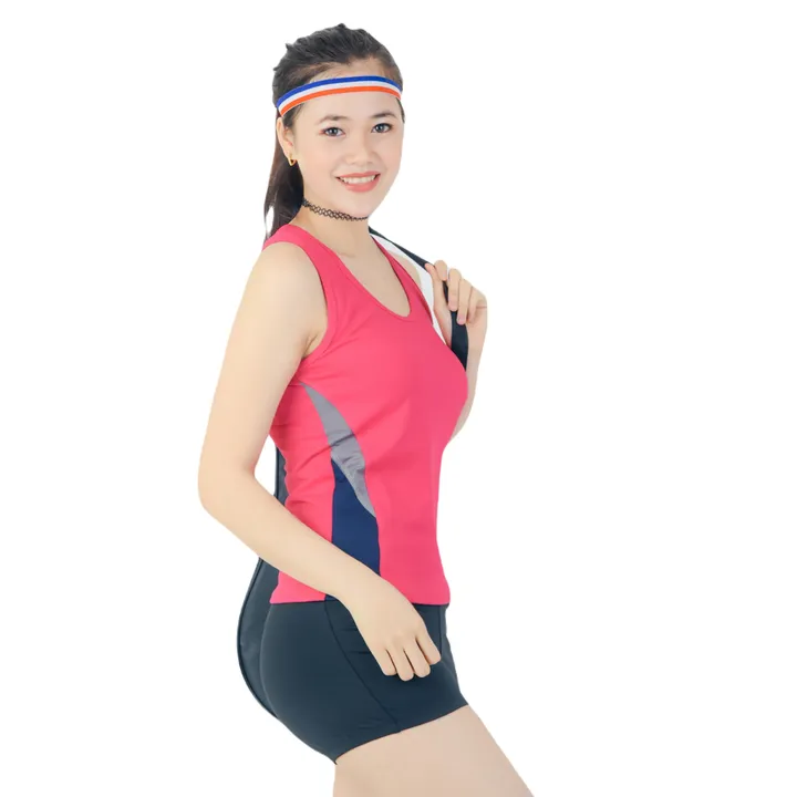 Bộ Đồ Tập Thể Thao Nữ Quần Đùi Áo 3 Lỗ Phối Màu Dọc Bên Hông Dn601 Màu Hồng - Ansa Sport