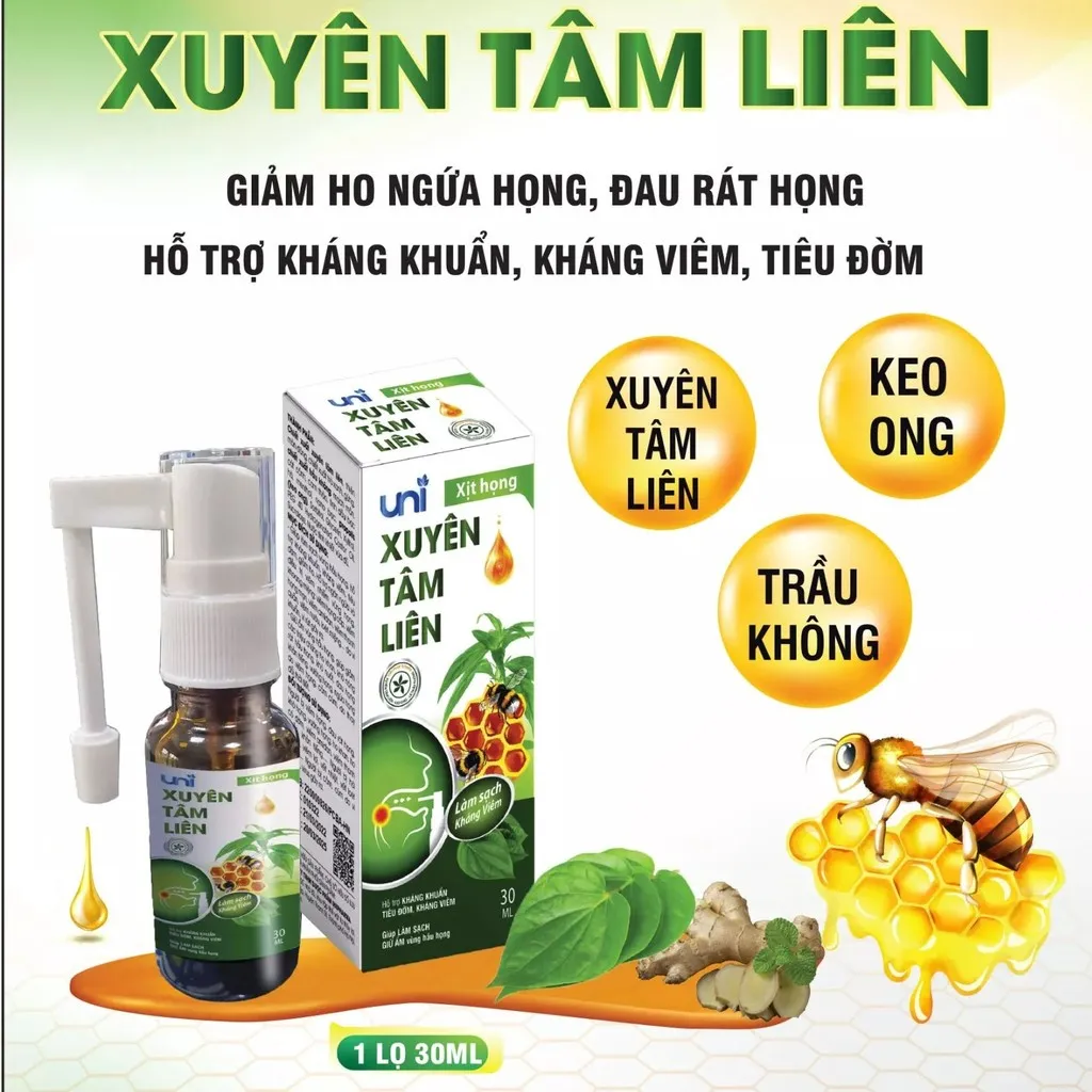 Xịt Họng Xuyên Tâm Liên Kháng Khuẩn, Làm Sạch Họng 30ml - Uni Pharma