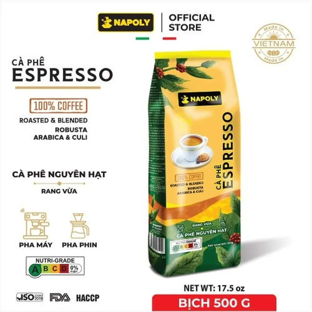 Cà Phê Hạt Espresso Napoly Coffee Robusta & Arabica Nguyên Chất Rang Mộc Thơm Nồng Cho Pha Máy, Pha Phin - Túi 500gr