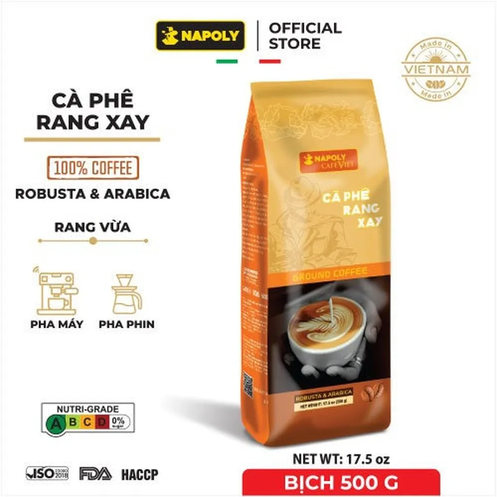 Cà Phê Rang Xay Napoly Coffee Robusta & Arabica Nguyên Chất, Rang Mộc, Đắng Dịu, Thơm Nồng Dành Cho Pha Phin - Túi 500g