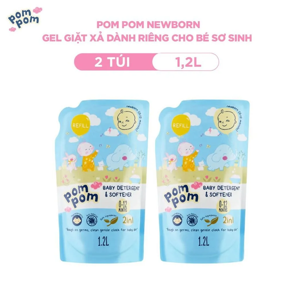 [combo Túi 1.2l]- Dành Cho Bé Sơ Sinh - Gel Giặt Xả 2in1 - Sạch Sâu Kháng Khuẩn - Khử Mùi Nôn Trớ, Ọc Sữa, Tè Khai-lưu Hương Phấn Thơm Dịu Nhẹ-