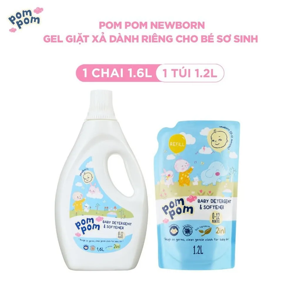 [combo Refill] - Dành Cho Bé Sơ Sinh - Gel Giặt Xả 2in1 - Sạch Sâu - Kháng Khuẩn - Khử Mùi Nôn Trớ, Ọc Sữa, Tè Khai-lưu Hương Phấn Thơm Dịu Nhẹ