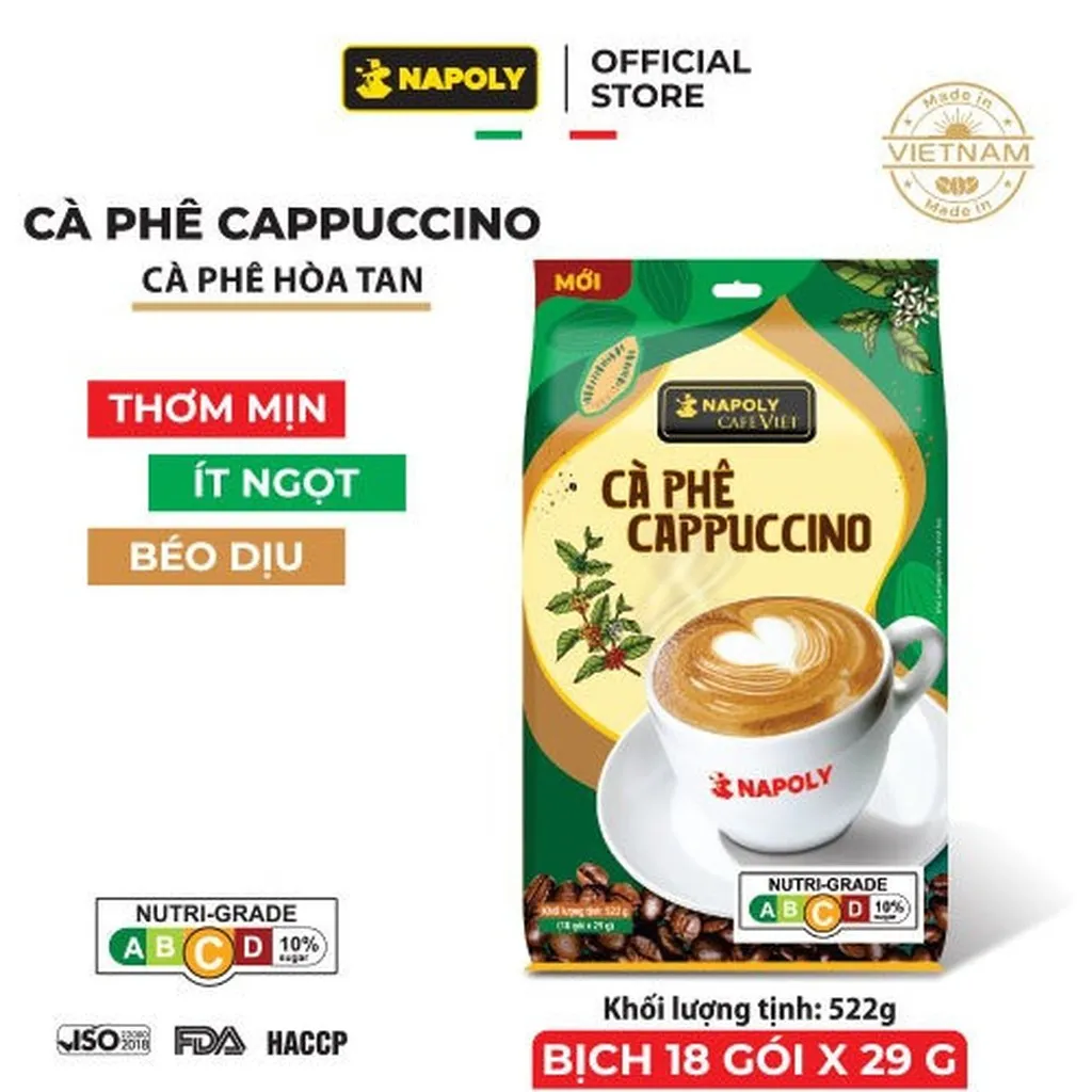 [bịch] Cà Phê Hòa Tan Cappuccino 1 - Napoly Coffee - 18 Gói/bịch