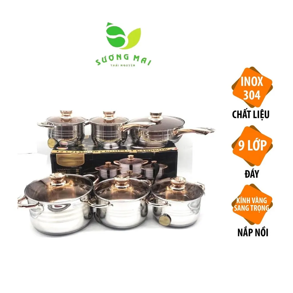 Bộ Nồi Inox 6 Món, Đế 9 Lớp Nắp Kính, Sang Trọng - Engelnerg