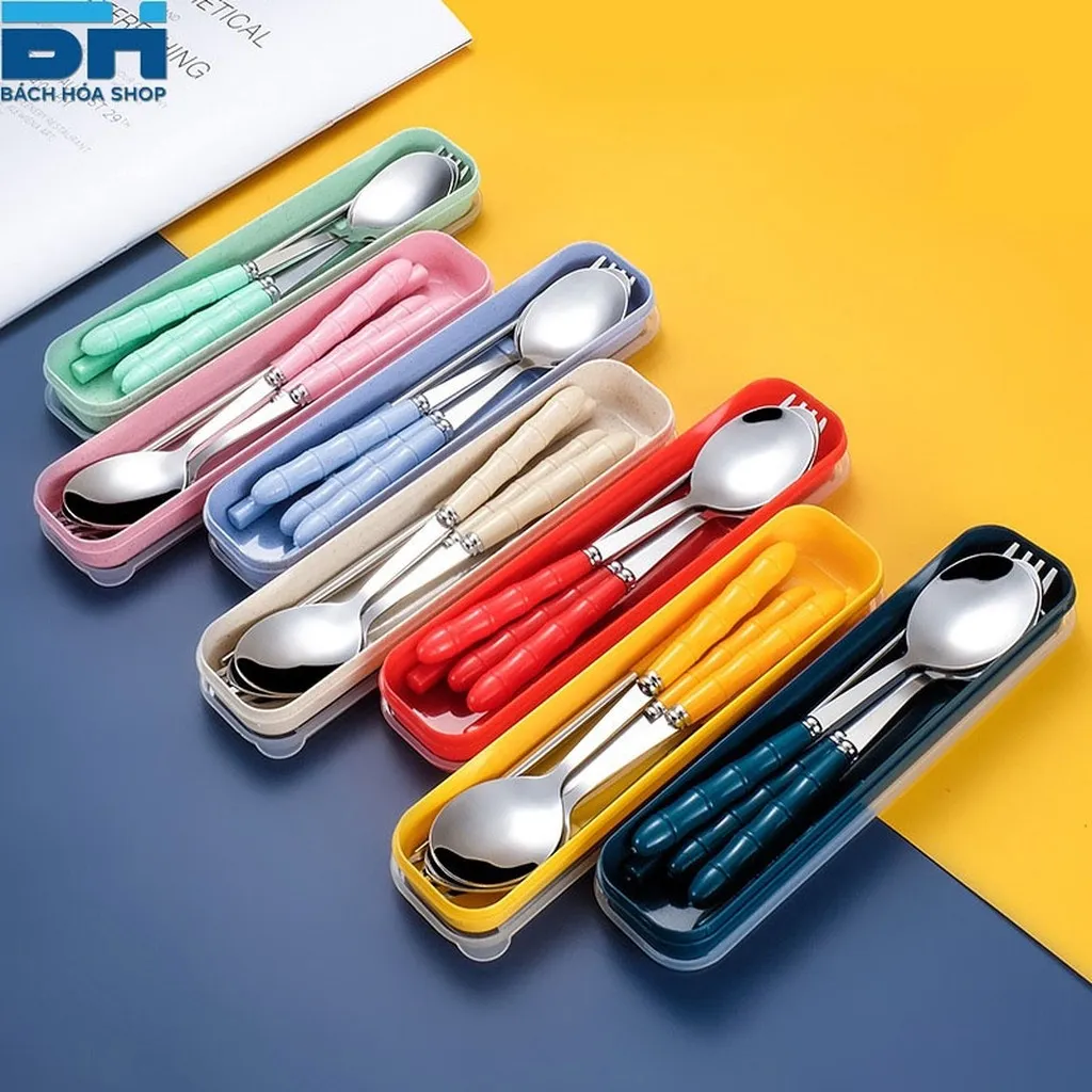 Bộ 3 Món Thìa Đũa Dĩa Inox 304 Không Gỉ, Cán Dài Cao Cấp Sang Chảnh (giao Màu Ngẫu Nhiên) - Bách Hóa Shop