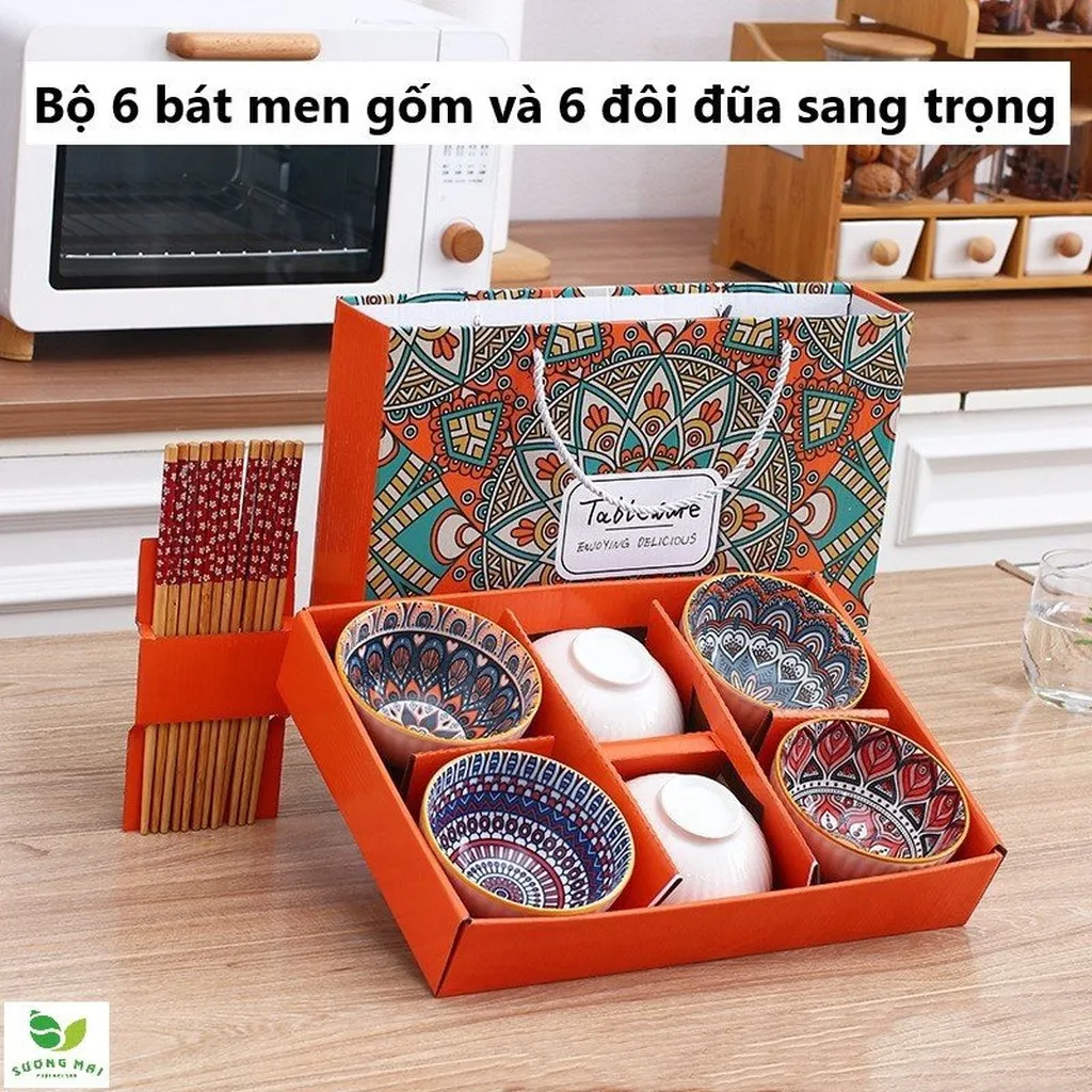 Bộ 6 Bát Ăn Bằng Gốm Và 6 Đôi Đũa Bằng Gỗ - Sương Mai