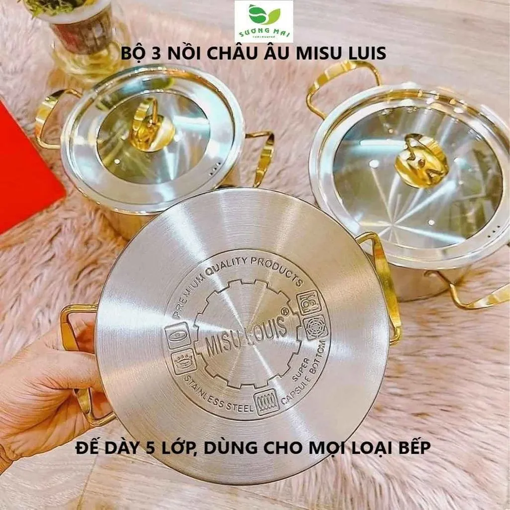 Bộ 3 Nồi Châu Âu Inox 5 Đáy Nắp Kính - Miisu Louis