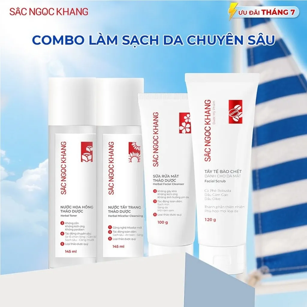Bộ Làm Sạch Da Từ Thảo Dược (nước Tẩy Trang 145 + Srm 100 + Nước Hoa Hồng 145 + Tẩy Tế Bào Chết Da Mặt 120g) - Sắc Ngọc Khang