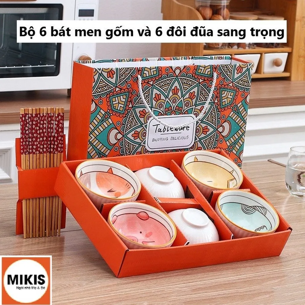 Bộ 6 Bát Ăn Bằng Gốm, 6 Đôi Đũa Bằng Gỗ - Sương Mai