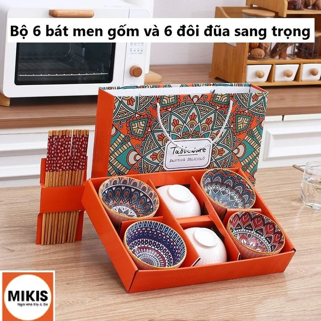 Alternative view of Bộ 6 Bát Ăn Bằng Gốm, 6 Đôi Đũa Bằng Gỗ - Sương Mai