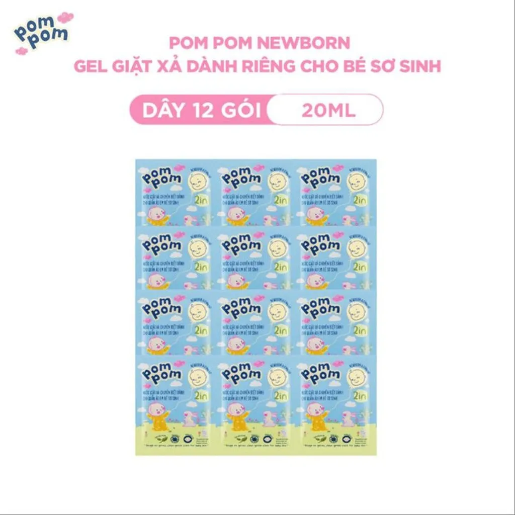 Dây 12 Gói - Dành Cho Bé Sơ Sinh - Gel Giặt Xả Đậm Đặc 2in1- Sạch Sâu Kháng Khuẩn - Khử Mùi Nôn Trớ, Ọc Sữa, Tè Khai-lưu Hương Phấn Thơm Dịu Nhẹ
