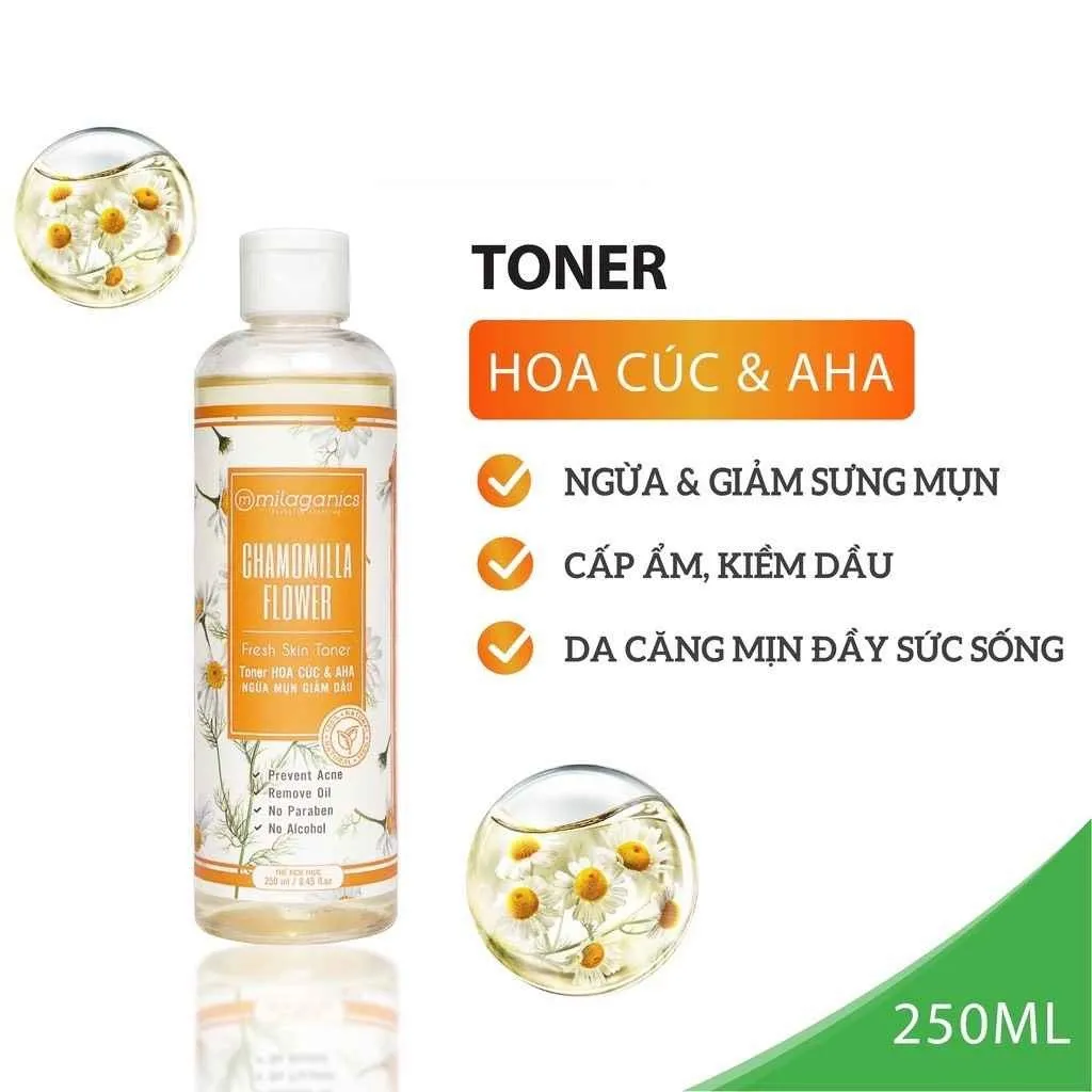 Nước Hoa Hồng Toner Hoa Cúc & Aha Ngừa Mụn, Giảm Dầu 250ml - Milaganics