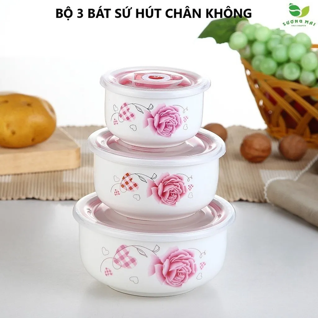 Bộ 3 Bát Sứ Nắp Hút Chân Không - Sương Mai