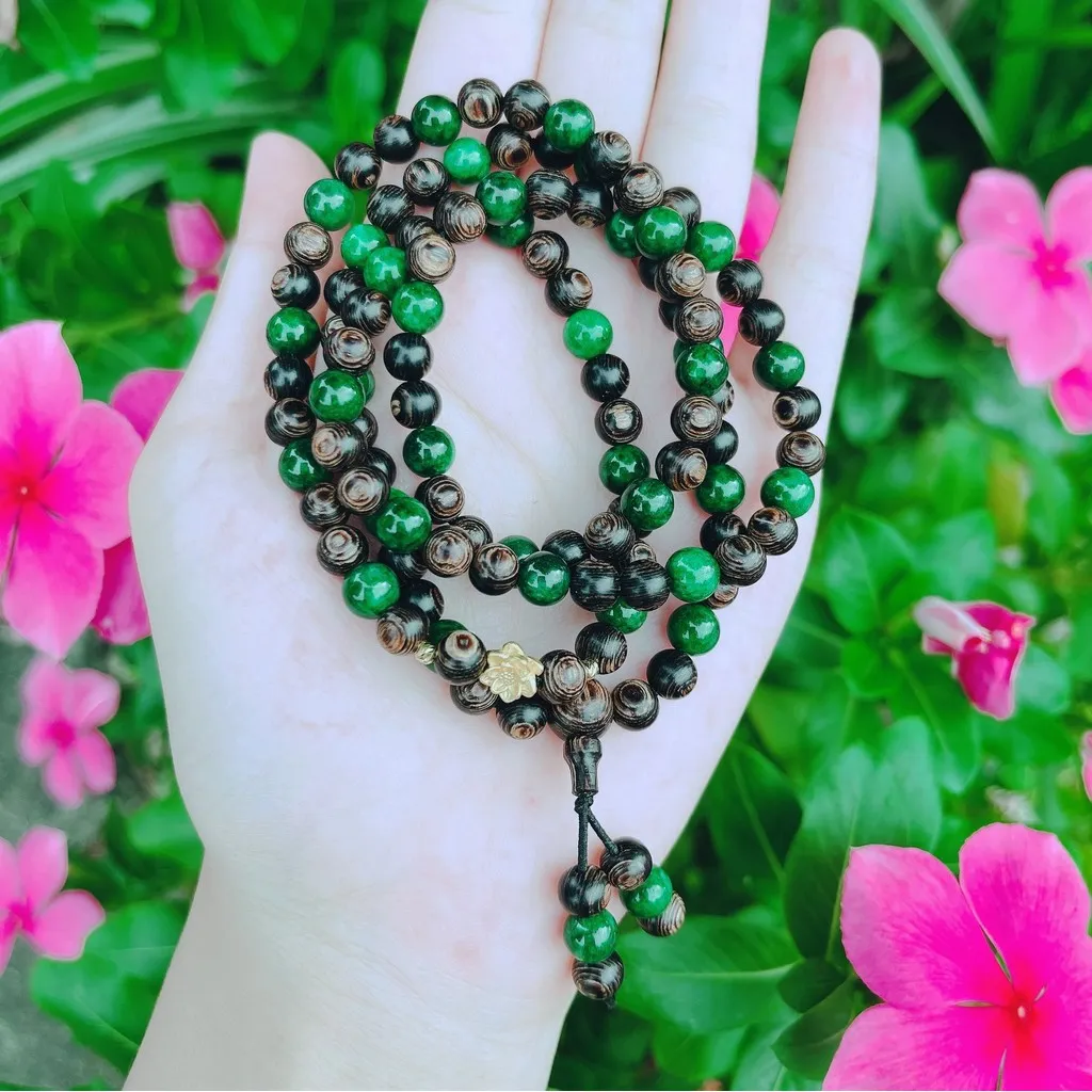 Vòng Tay Trầm Hương Sánh Chìm Phối Sen Vàng Ta 24k & Ngọc Cẩm Thạch - Thắng Giang