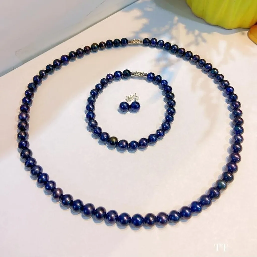 Bộ Trang Sức Ngọc Trai Nuôi Nước Ngọt Đen Ánh Tím 8 Ly - Thắng Giang