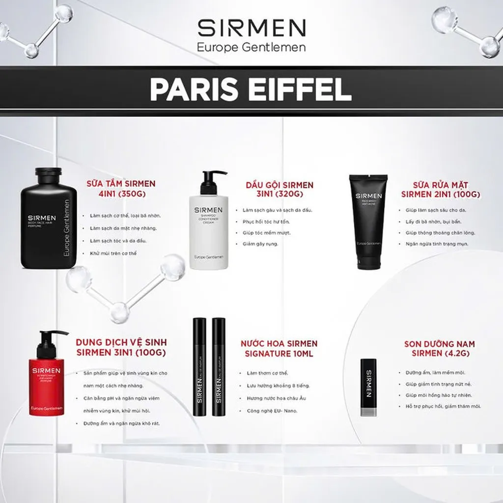 Alternative view of Giftbox Combo 6 Paris Eiffel Nước Hoa Nam - Sữa Tắm - Dầu Gội - Dung Dịch Vệ Sinh - Sữa Rửa Mặt - Son Dưỡng Sirmen