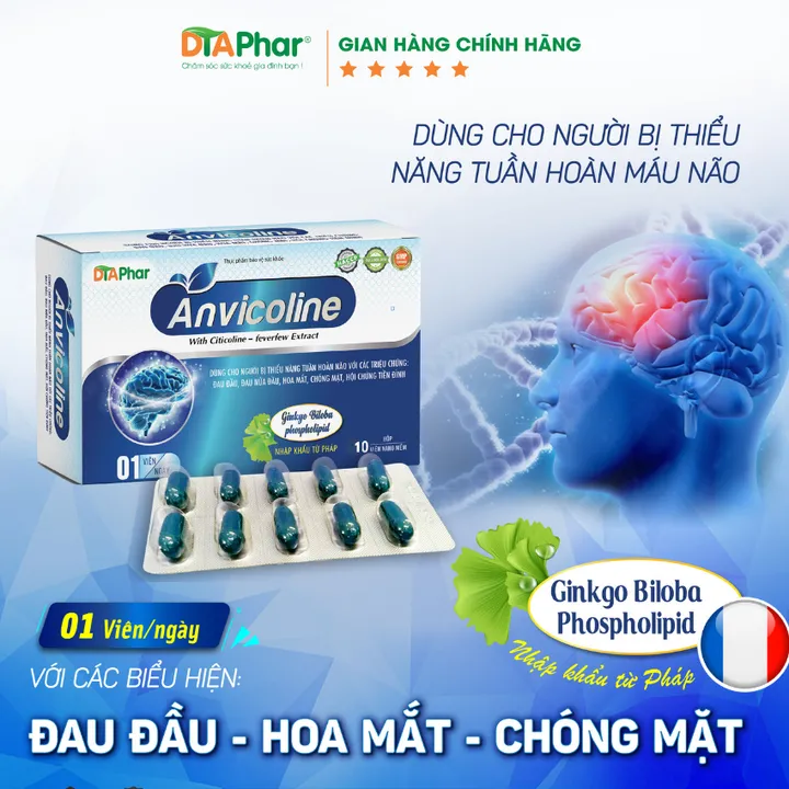 Alternative view of Viên Uống Anvicoline Hỗ Trợ Hoạt Huyết Dưỡng Não Giúp Cải Thiện Đau Đầu Hoa Mắt Chóng Mặt Hộp 30 Viên
