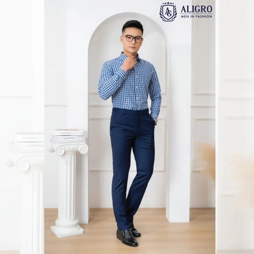 Áo Sơ Mi Dài Tay Bamboo Kẻ Caro Xanh - Aligro
