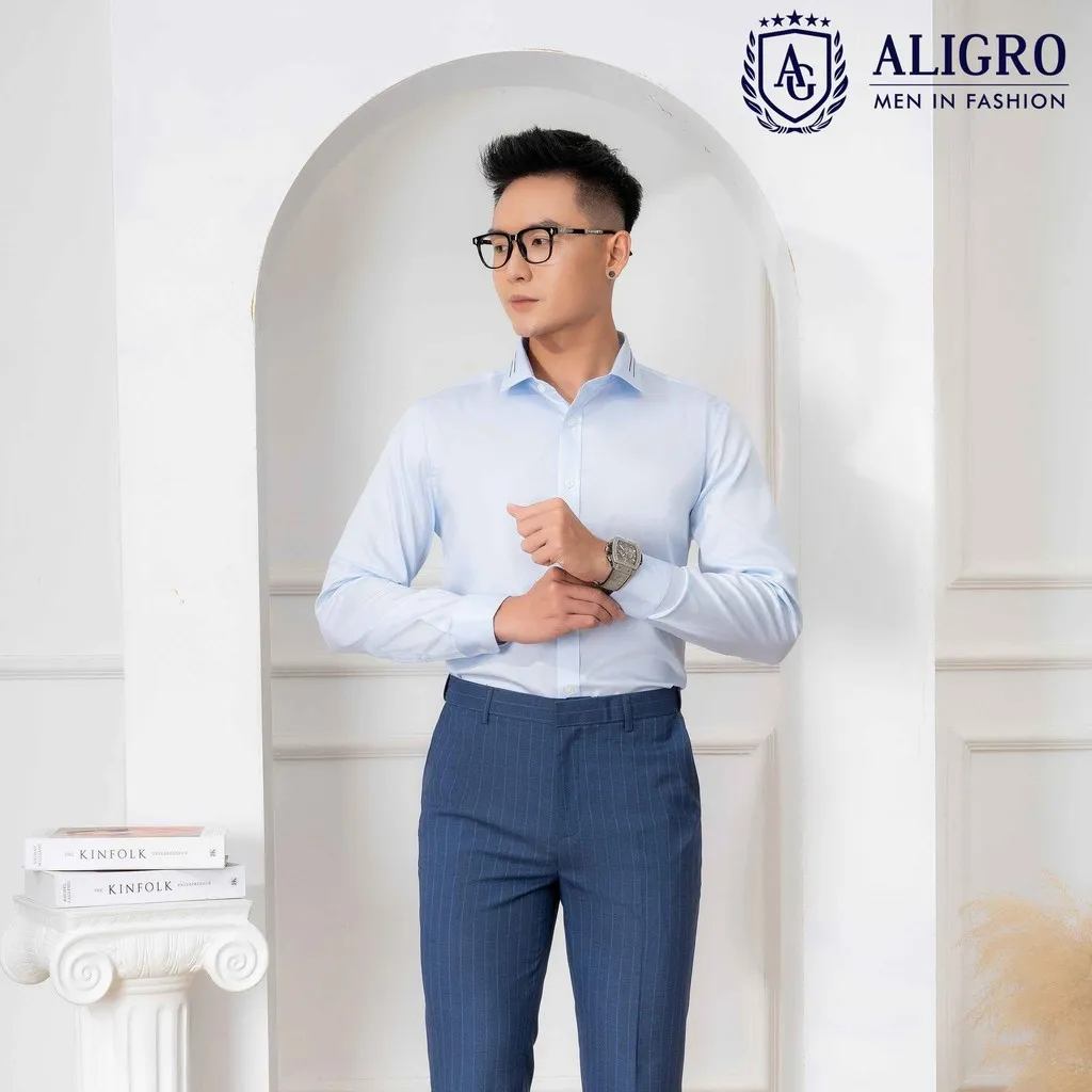 Áo Sơ Mi Dài Tay Cotton Chống Nhăn Xanh - Aligro