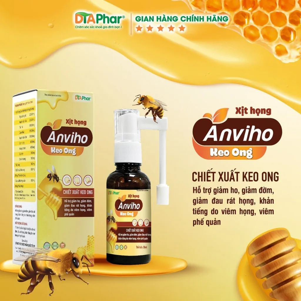 Xịt Họng Anviho Keo Ong Hỗ Trợ Giảm Ho Giảm Đờm Đau Rát Họng Khản Tiếng Do Ho Viêm Họng Viêm Phế Quản Chai 30ml