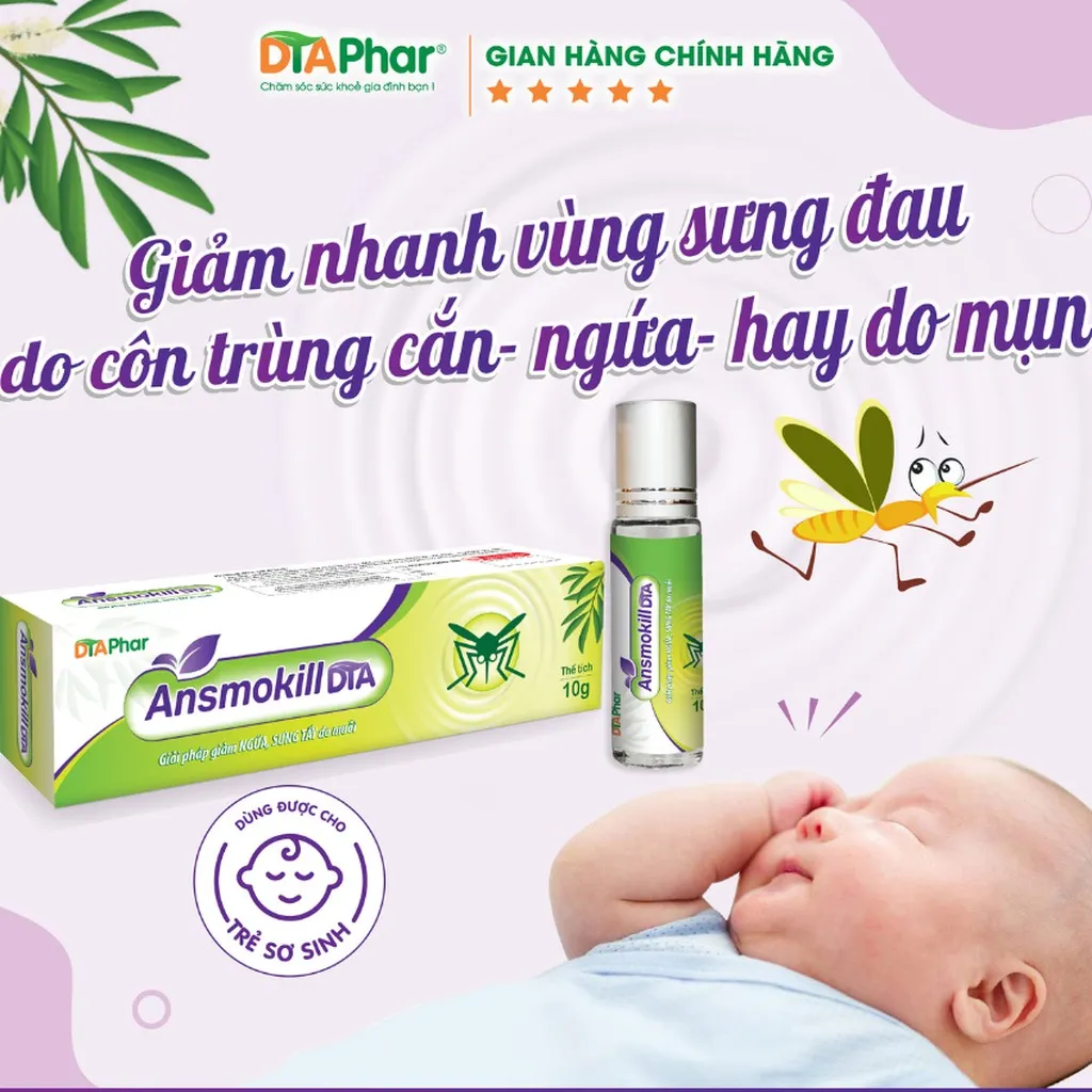 Lăn Muỗi Ansmokill Dta Giúp Giảm Ngứa Sưng Tấy Do Muỗi Đốt Dùng Được Cho Phụ Nữ Có Thai Và Trẻ Sơ Sinh Chai 10gr
