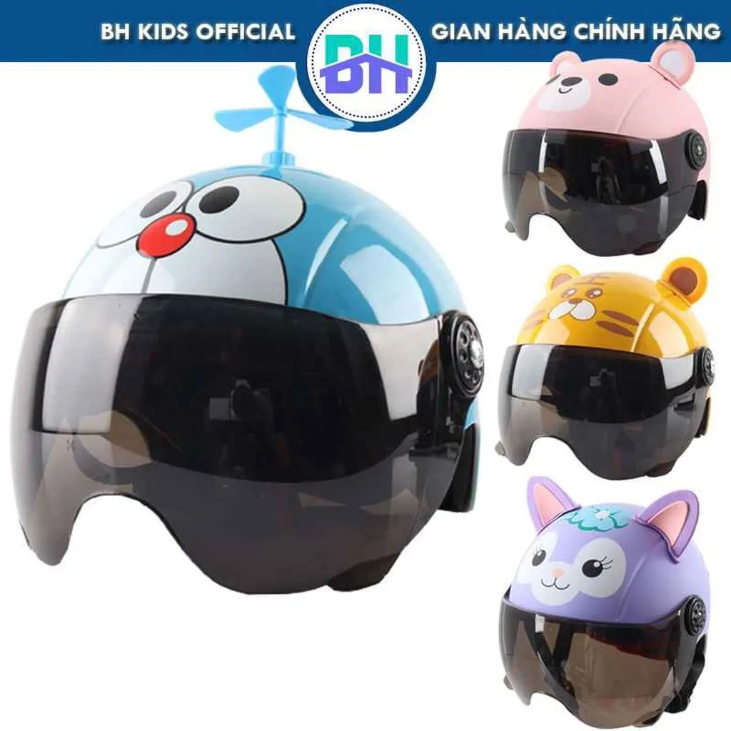 Nón Bảo Hiểm Cao Cấp Cho Bé Có Kính Chắn Bụi, Chắn Gió, Hoạt Hình Dễ Thương - Bh Kids
