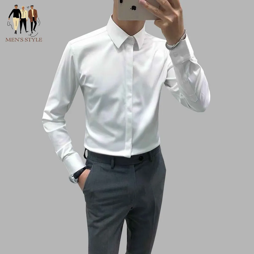 Alternative view of Áo Sơ Mi Nam Dáng Hàn Giấu Cúc Chất Vải Chéo Cao Cấp - Men's Style