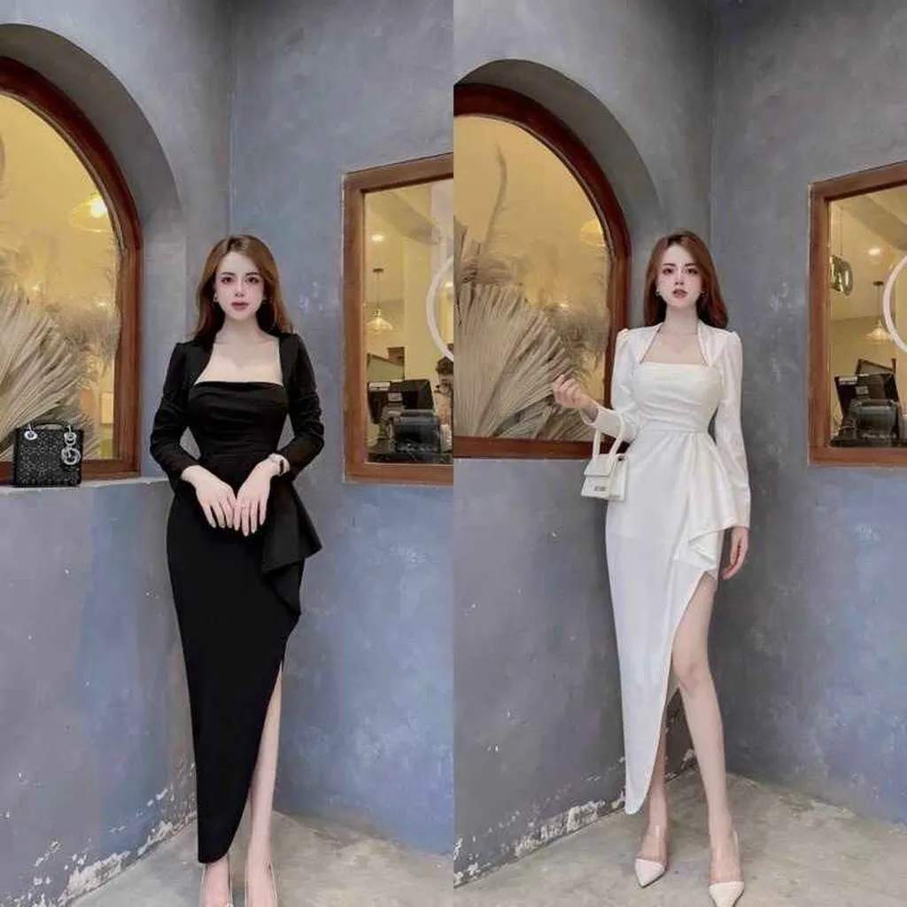 Đầm Cổ Tây Tay Dài Lai Bèo Xẻ Tà - Tosatan