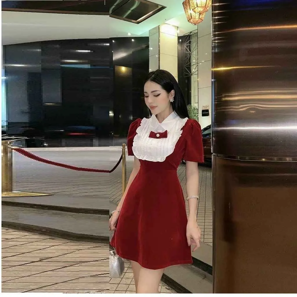 Đầm Phối Cổ Bèo Dập Ly Đính Nơ Váy Xòe Ngắn Tfqdxc9 - Tosatan