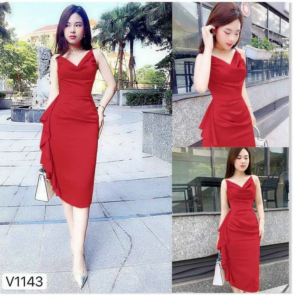 Đầm Hai Dây Cổ Đổ Xếp Ly Quyến Rũ Tf8qbdc - Tosatan